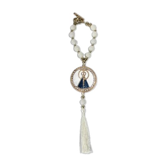 DEZENA PARA CARRO DOURADA NOSSA SENHORA APARECIDA REDONDO AMORA BRANCA 10MM (3 UNIDADES)