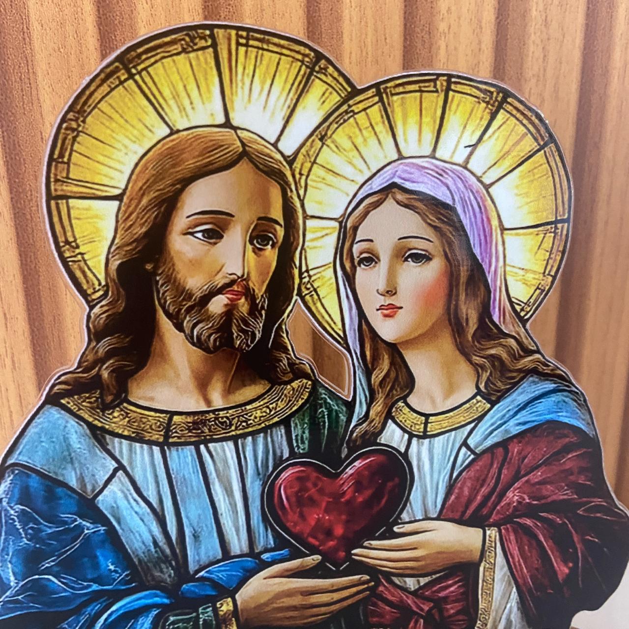 ADORNO DE MESA ACRÍLICO RESINADO SAGRADO CORAÇÃO DE JESUS E IMACULADO CORAÇÃO DE MARIA 14CM (1 UNIDADE)
