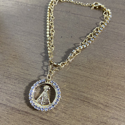 PULSEIRA DOURADA DUPLA NOSSA SENHORA APARECIDA COM STRASS (3 UNIDADES)