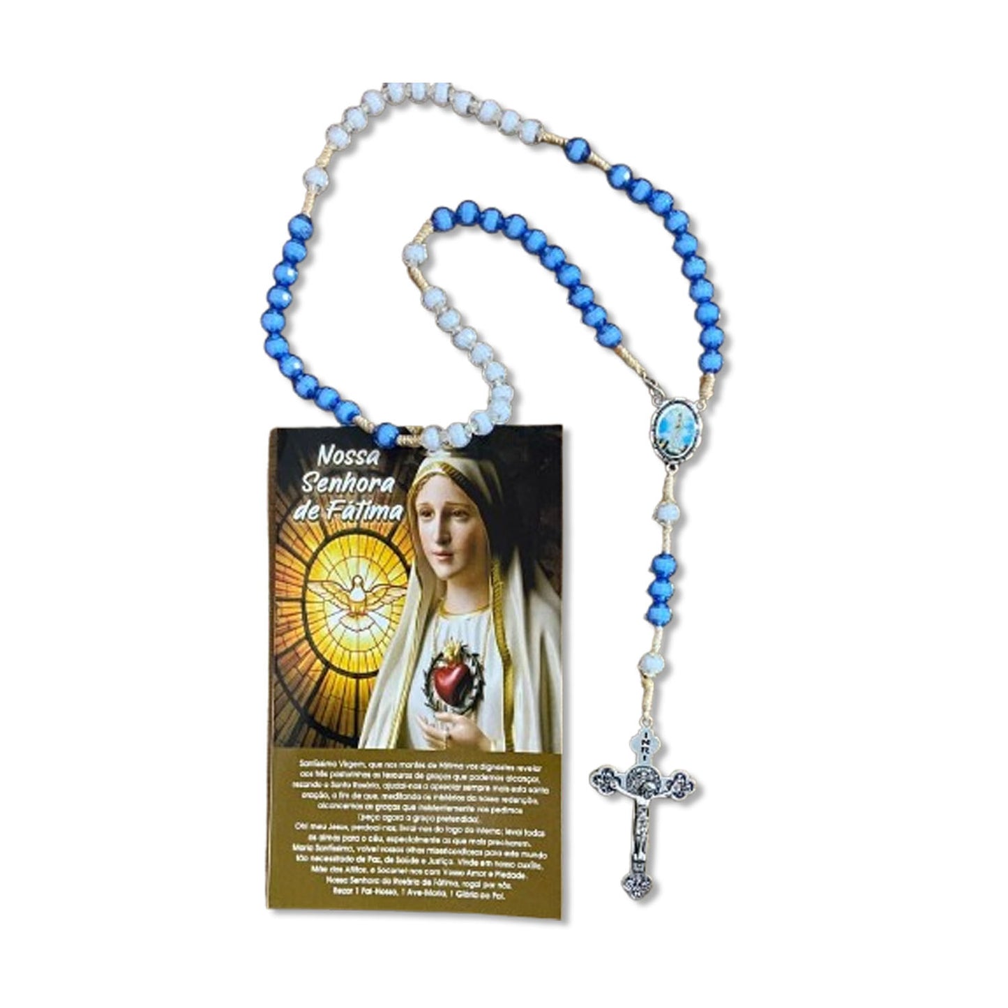 TERÇO ACRÍLICO AZUL E BRANCO COM FECHO NOSSA SENHORA DE FÁTIMA 08MM (1 UNIDADE)