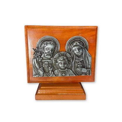 ADORNO DE MESA MADEIRA  SAGRADA FAMÍLIA PRATA VELHA 11,5CM (1 UNIDADE)