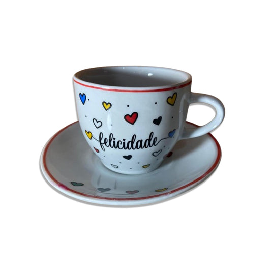 XÍCARA COM PIRES FELICIDADE MOD2 200ML (1 UNIDADE)
