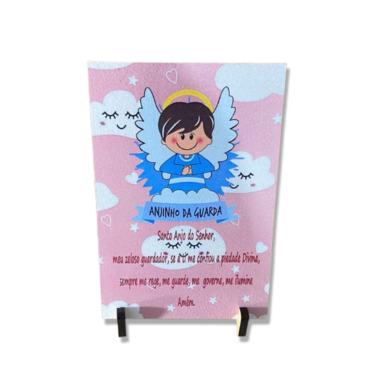 PLAQUINHA DE MESA MDF RESINADO ANJINHO DA GUARDA ROSA  19CM x 13CM  (1 UNIDADE)