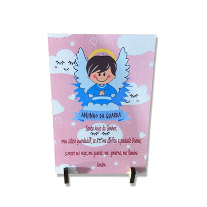PLAQUINHA DE MESA MDF RESINADO ANJINHO DA GUARDA ROSA  19CM x 13CM  (1 UNIDADE)