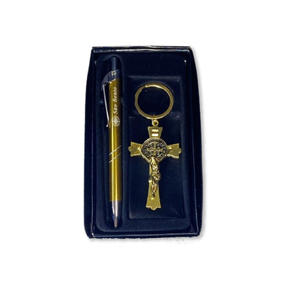 KIT CANETA COM CHAVEIRO CRUCIFIXO MEDALHA SÃO BENTO ( 1 UNIDADE)