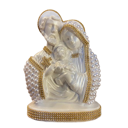 BUSTO DE GESSO SAGRADA FAMÍLIA BRANCO COM PÉROLA E STRASS DOURADO 20CM MOD 2 (1 UNIDADE)
