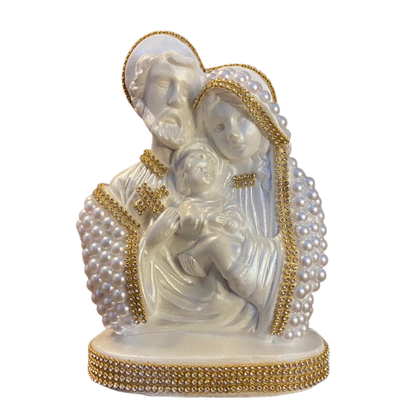 BUSTO DE GESSO SAGRADA FAMÍLIA BRANCO COM PÉROLA E STRASS DOURADO 20CM MOD 2 (1 UNIDADE)