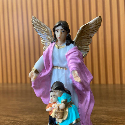 IMAGEM DE RESINA NACIONAL ANJO DA GUARDA ROSA COM CRIANÇA 14CM (1 UNIDADE)