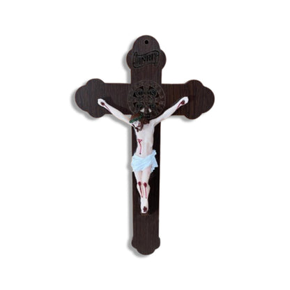 CRUCIFIXO MDF DE PAREDE MEDALHA SÃO BENTO COM CRITO DE RESINA NACIONAL 28CM (1 UNIDADE)