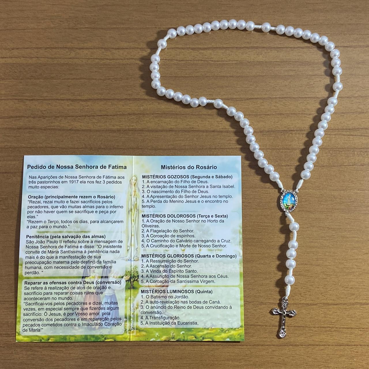 TERÇO PÉROLA BRANCA NOSSA SENHORA DE FÁTIMA 8MM (1 UNIDADE)