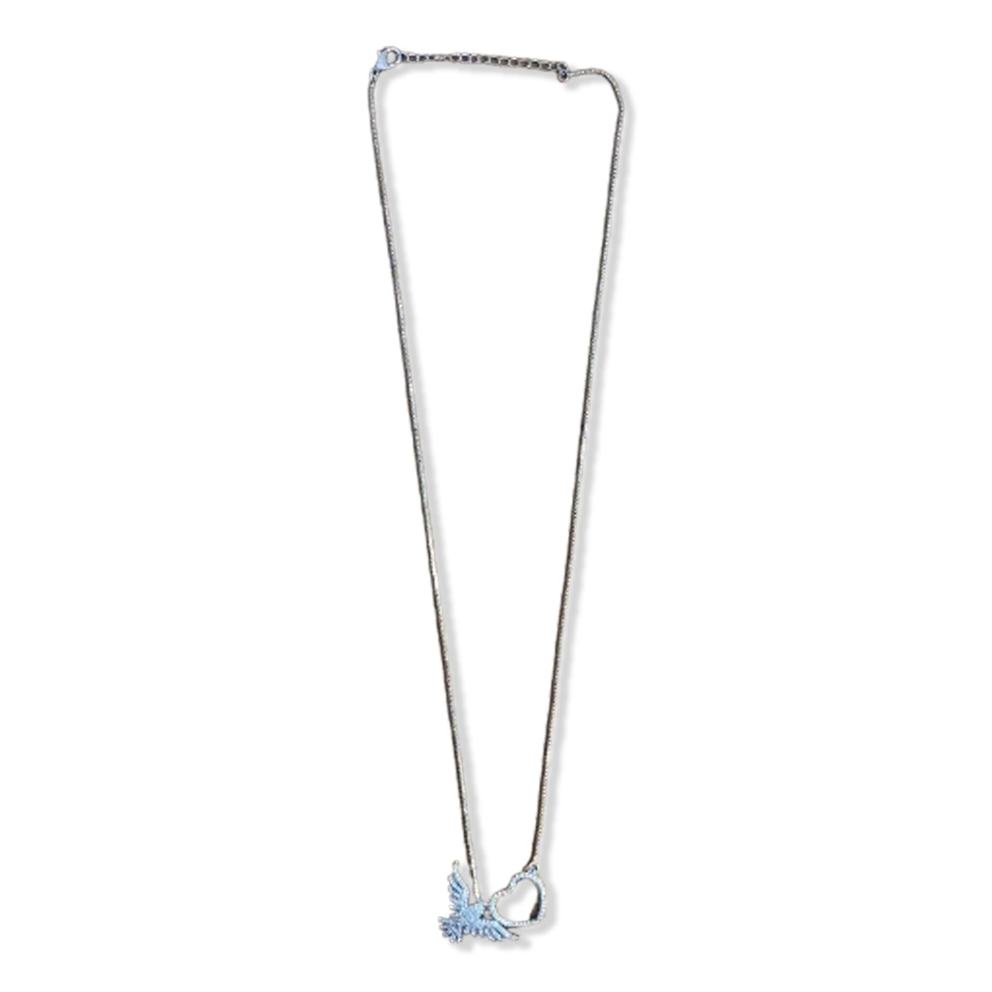 COLAR PRATEADO DIVINO ESPÍRITO SANTO E CORAÇÃO COM STRASS   (1 UNIDADE)