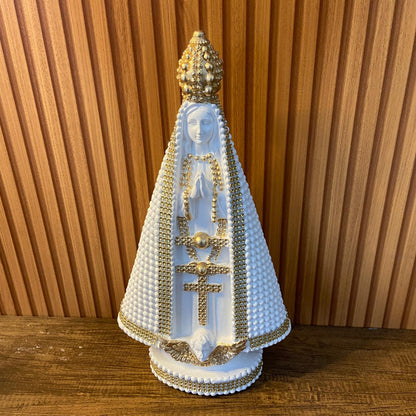 IMAGEM DE GESSO NOSSA SENHORA APARECIDA BRANCA COM STRASS DURADO 39CM (1 UNIDADE)