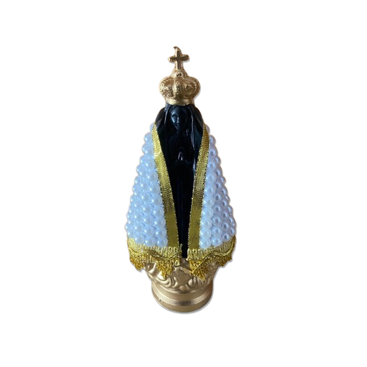 IMAGEM DE PLÁSTICO NOSSA SENHORA APARECIDA COM AREIA MANTO DE PÉROLA  BRANCA 18CM  (1 UNIDADE)