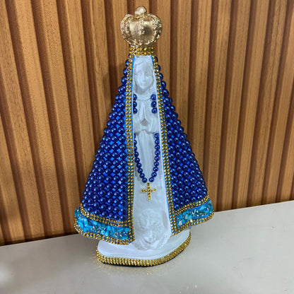IMAGEM DE GESSO NOSSA SENHORA APARECIDA BRANCA COM PÉROLA AZUL 26 CM (1 UNIDADE)
