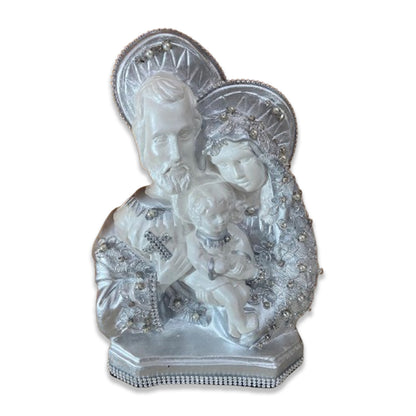 BUSTO DE GESSO SAGRADA FAMÍLIA BRANCO E PRATEADO COM STRASS 29CM (1 UNIDADE)
