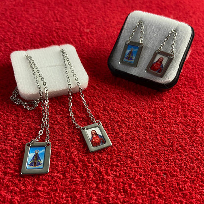 ESCAPULÁRIO INOX QUADRADO SAGRADO CORAÇÃO DE JESUS E NOSSA SENHORA APARECIDA (6 UNIDADES)