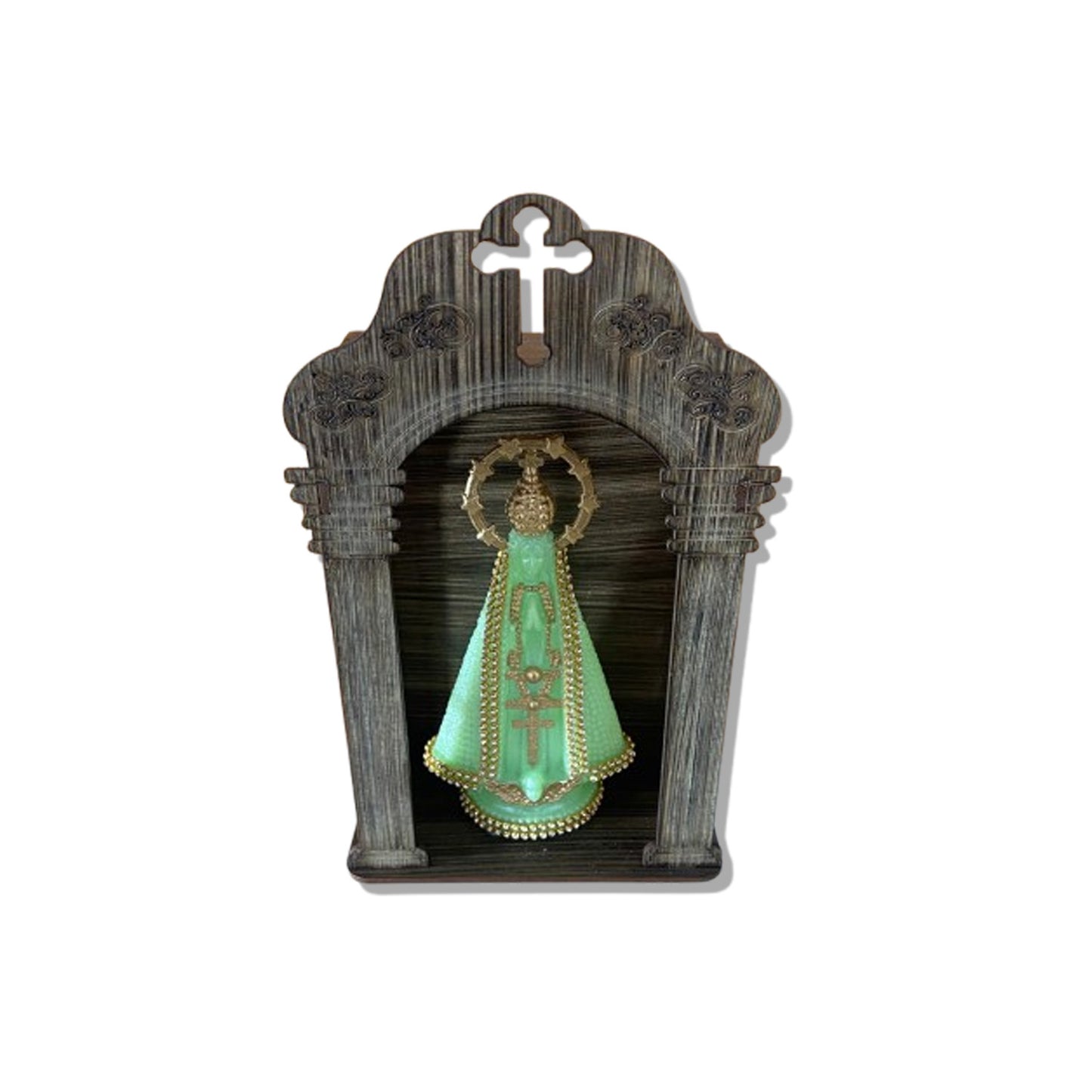ORATÓRIO DE PAREDE E MESA MDF + IMAGEM DE PLÁSTICO NOSSA SENHORA APARECIDA FLUORESCENTE COM STRASS 15CM (1 UNIDADE)
