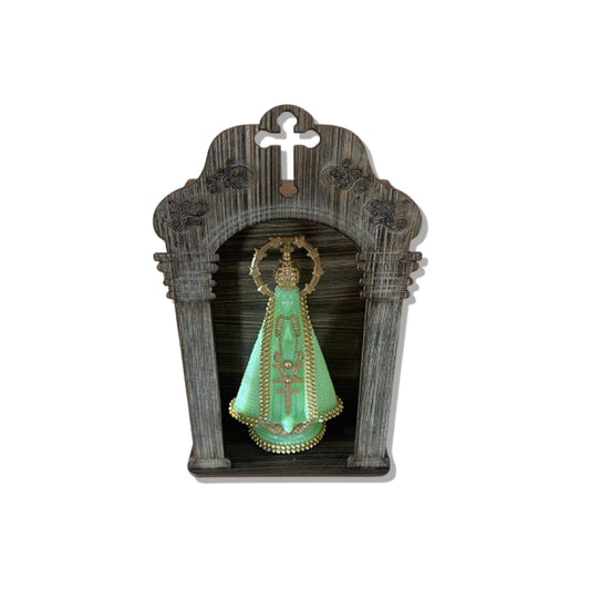 ORATÓRIO DE PAREDE E MESA MDF + IMAGEM DE PLÁSTICO NOSSA SENHORA APARECIDA FLUORESCENTE COM STRASS 15CM (1 UNIDADE)