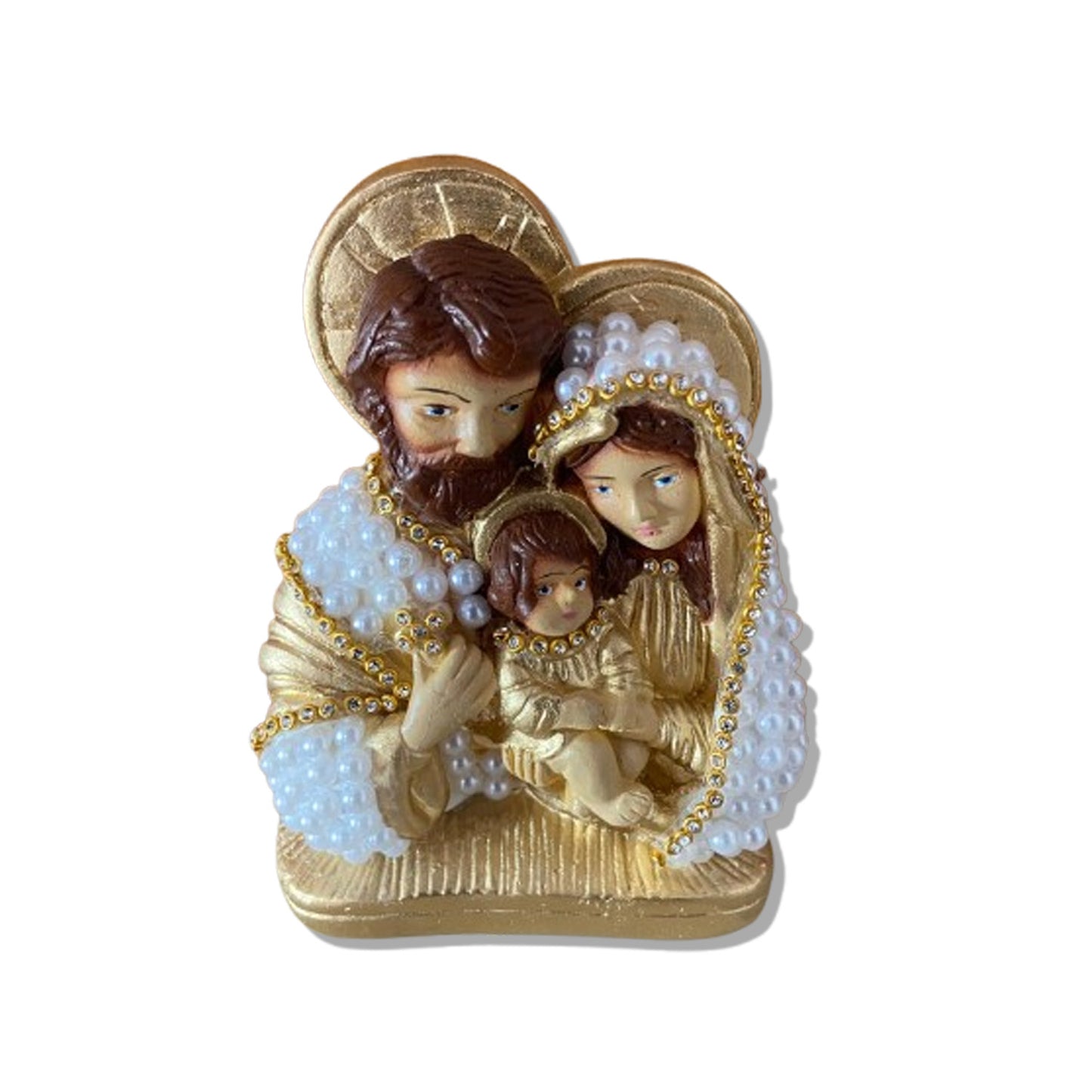 BUSTO DE GESSO SAGRADA FAMÍLIA BRANCO E DOURADO COM PÉROLA E STRASS 13CM MOD 2 (1 UNIDADE)
