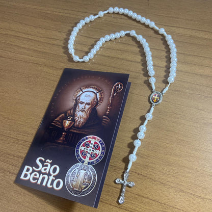 TERÇO PÉROLA MEDALHA SÃO BENTO 8MM (1 UNIDADE)