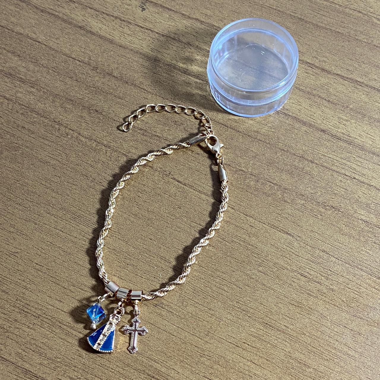 PULSEIRA DOURADA NOSSA SENHORA APARECIDA COM CRUZ E CRISTAL (6 UNIDADES)