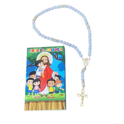 TERÇO PÉROLA  COM STRASS  ANJO DA GUARDA BRANCO 08MM (1 UNIDADE)