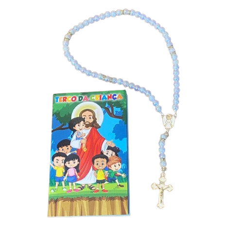 TERÇO PÉROLA  COM STRASS  ANJO DA GUARDA BRANCO 08MM (1 UNIDADE)