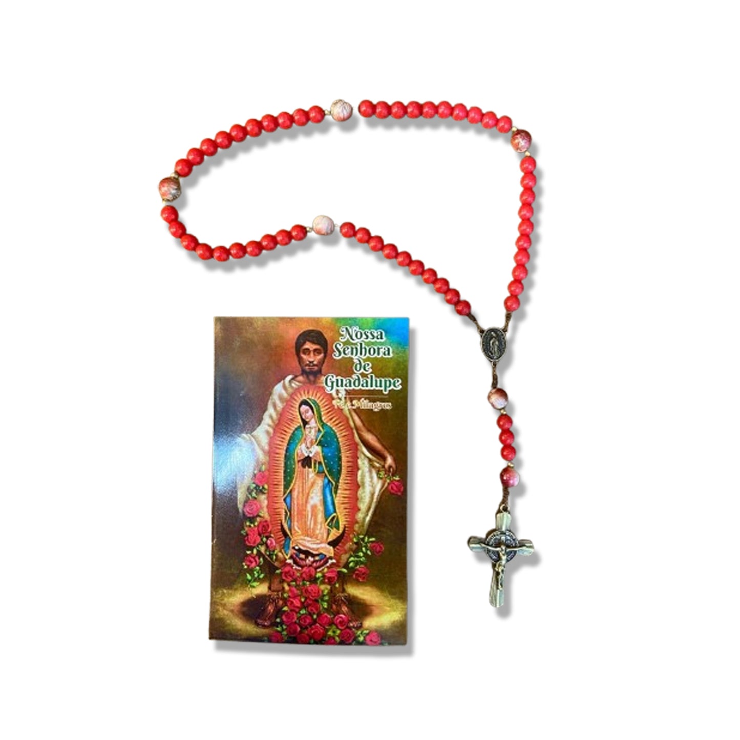 TERÇO PÉROLA VERMELHA NOSSA SENHORA DE GUADALUPE E JESUS MISERICORDIOSO 08MM (1 UNIDADE)