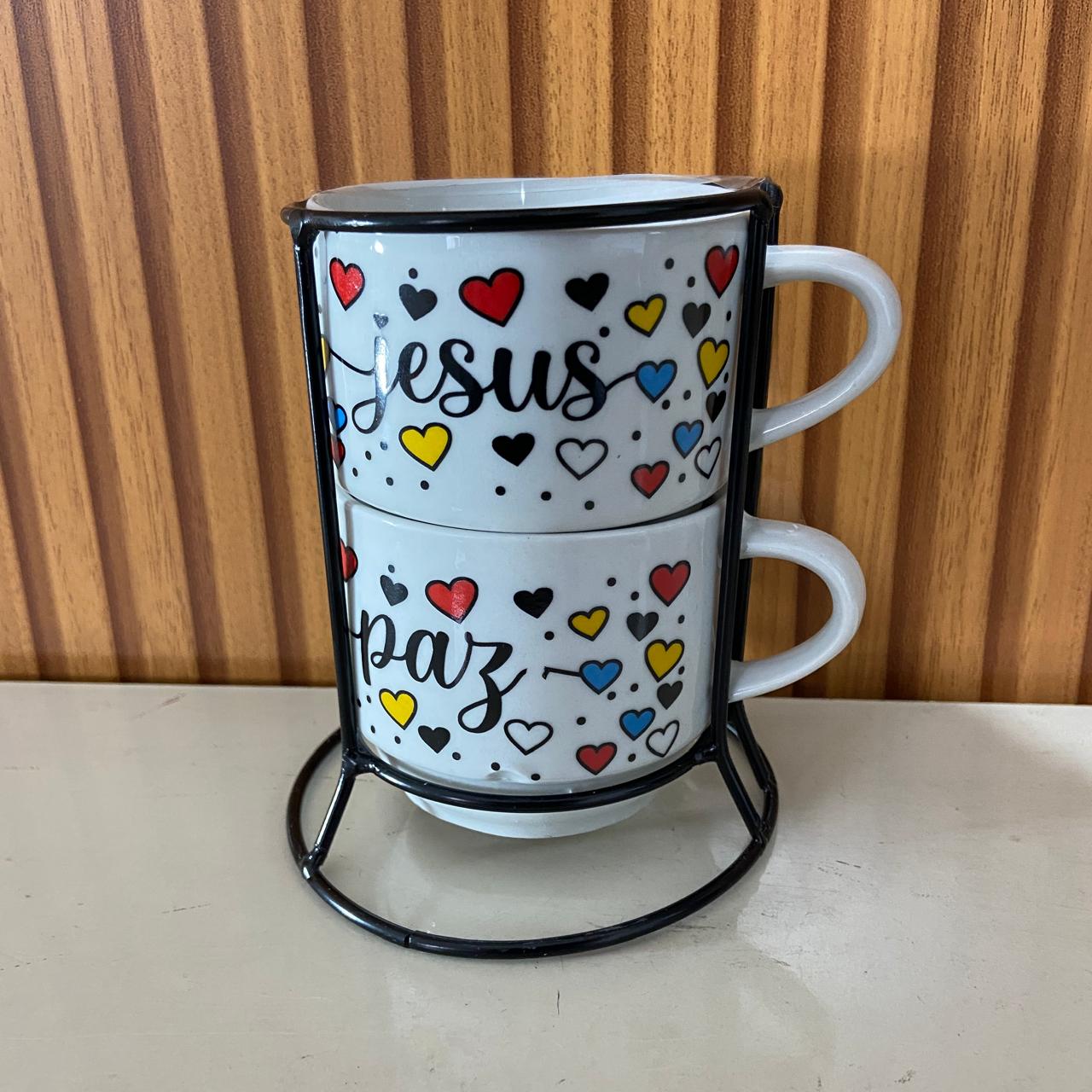 XÍCARA BRANCA EMPILHÁVEL JESUS E PAZ  ( 2 UNIDADES)