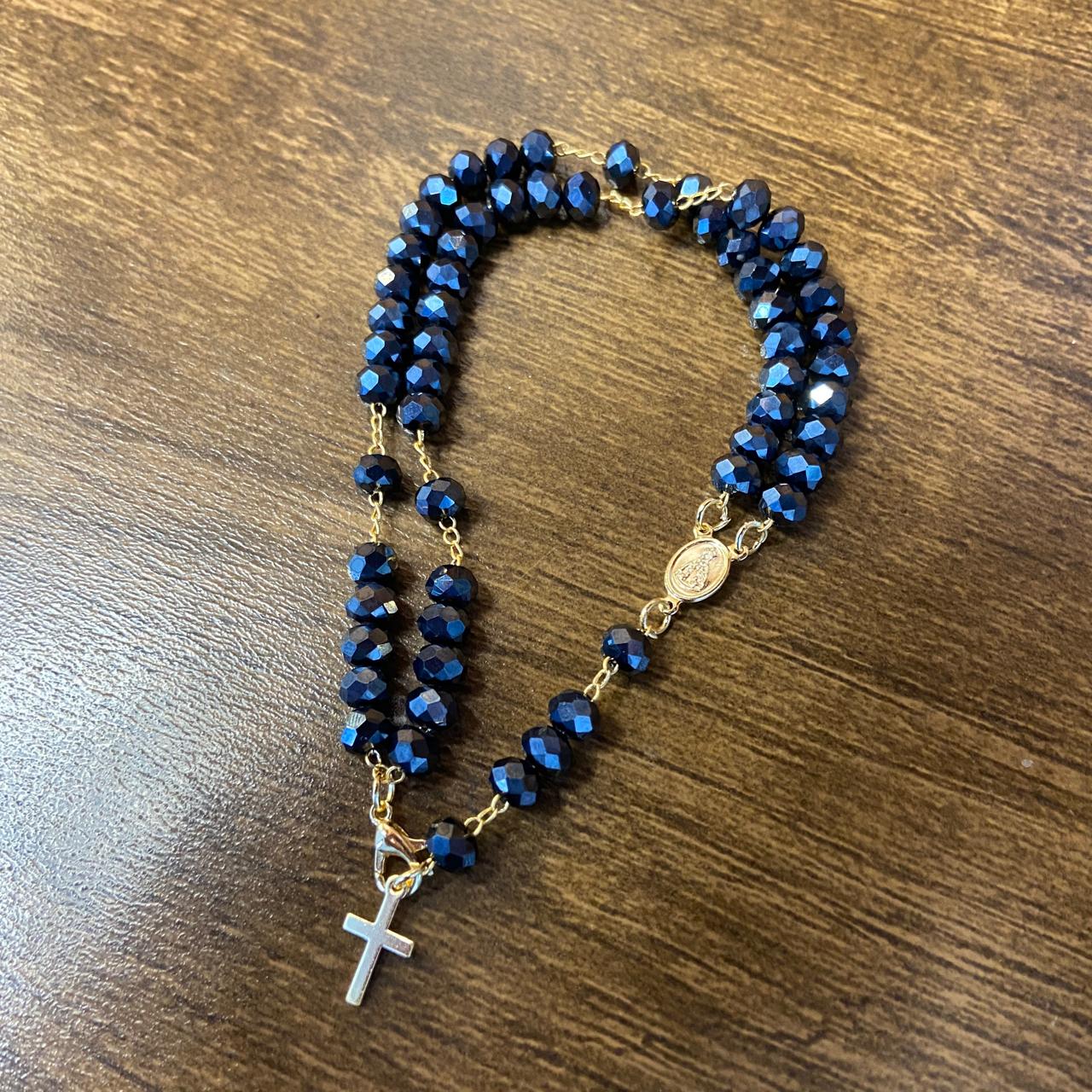 TERÇO PULSEIRA CRISTAL NOSSA SENHORA APARECIDA AZUL PETRÓLEO  (3 UNIDADES)