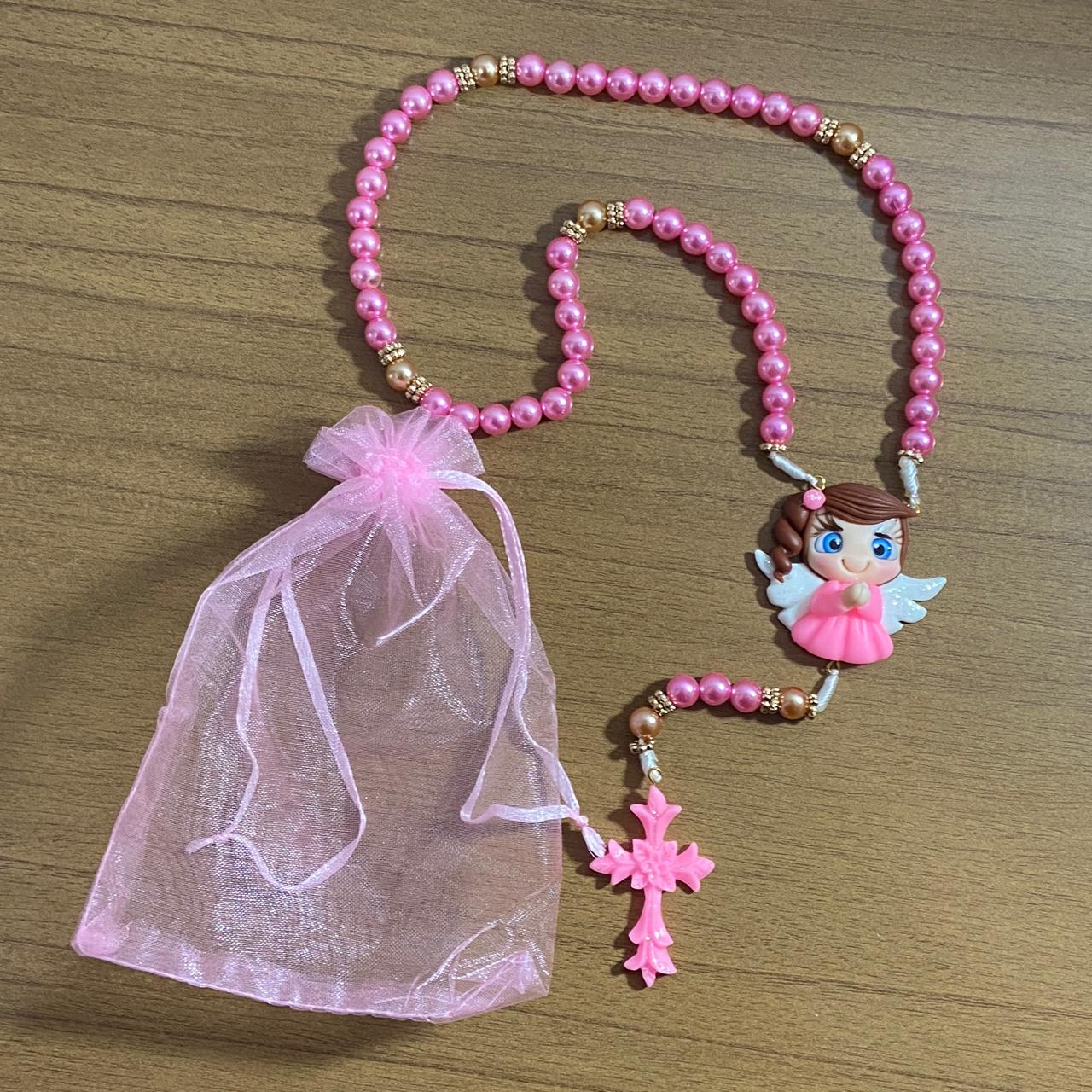 TERÇO PÉROLA ROSA ANJINHO ROSA DE BISCUIT (1 UNIDADE)