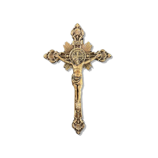 CRUCIFIXO DE METAL PAREDE OURO VELHO COM MEDALHA SÃO BENTO RAIO 23CM (1 UNIDADE)