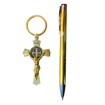 KIT CANETA COM CHAVEIRO CRUCIFIXO MEDALHA SÃO BENTO DOURADO ( 1 UNIDADE)