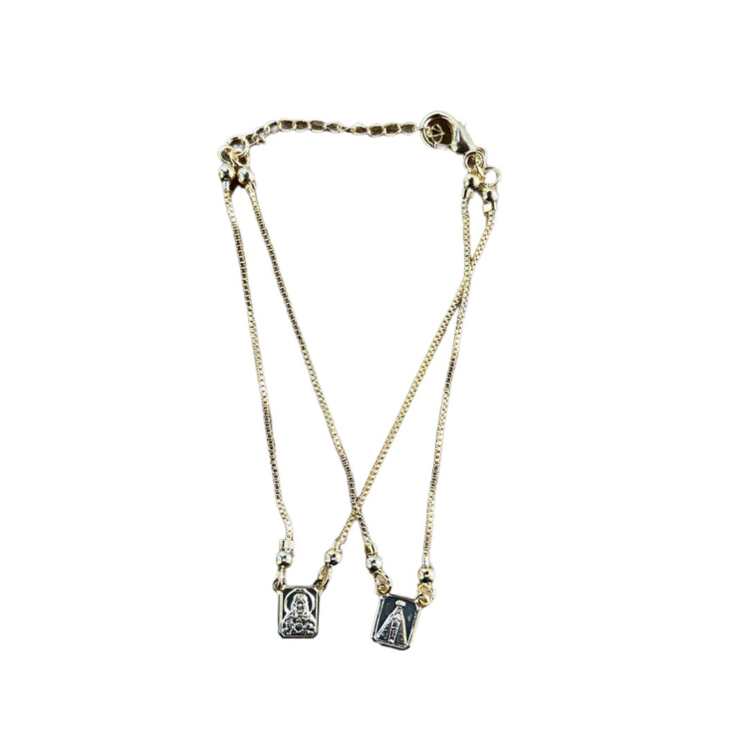 PULSEIRA ESCAPULARIO DOURADO SAGRADO CORAÇÃO DE JESUS E NOSSA SENHORA APARECIDA (3 UNIDADES)
