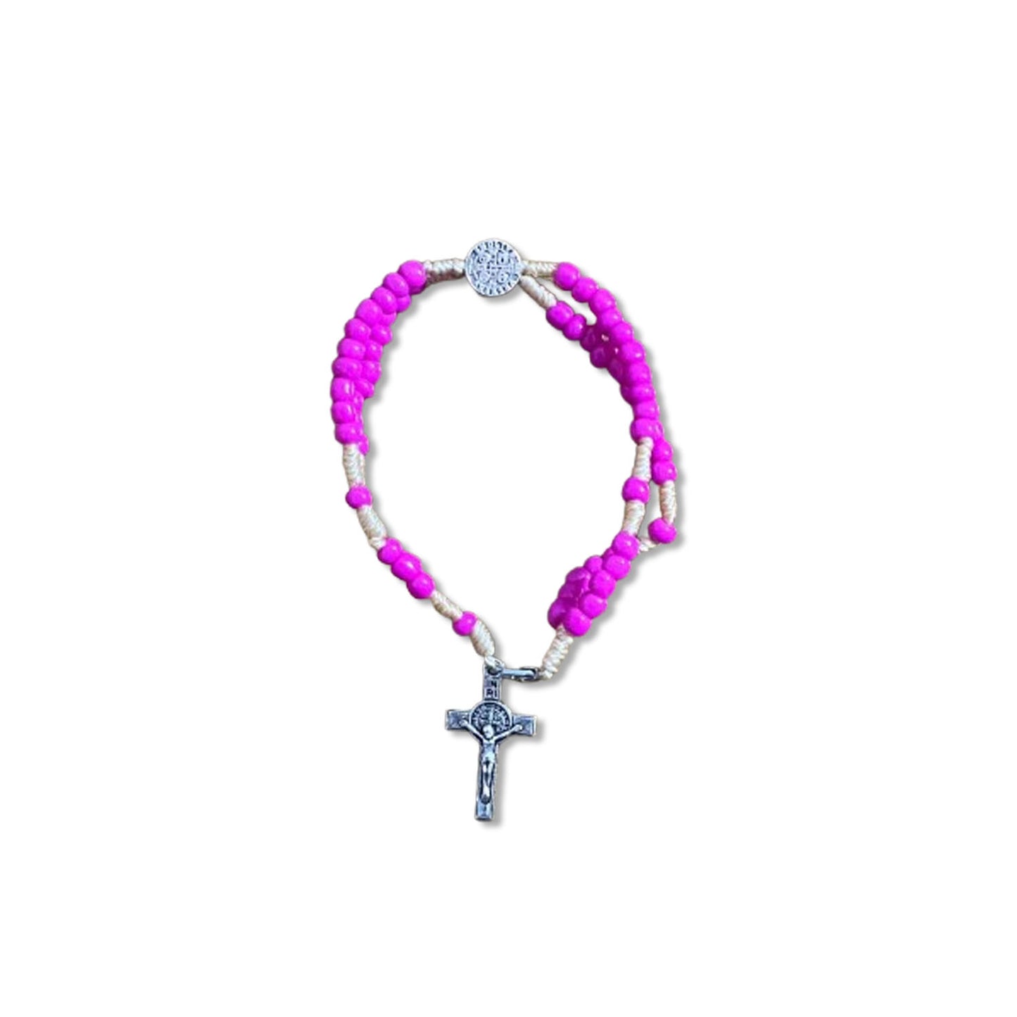 TERÇO PULSEIRA MIÇANGA ROSA MEDALHA SÃO BENTO 4MM (6 UNIDADES)