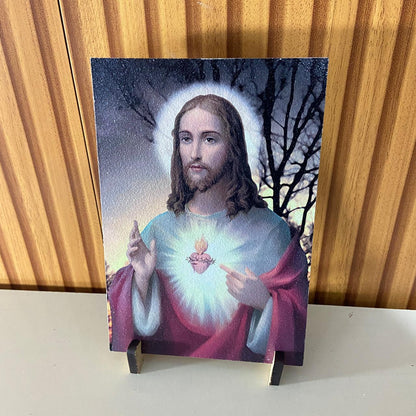 PLAQUINHA DE MESA MDF RESINADO SAGRADO CORAÇÃO DE JESUS  19CM x 13CM  (1 UNIDADE)