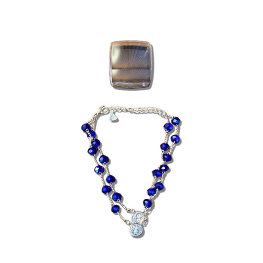 PULSEIRA ESCAPULÁRIO CRISTAL AZUL ESCURO MEDALHA SÃO BENTO  (3 UNIDADES)