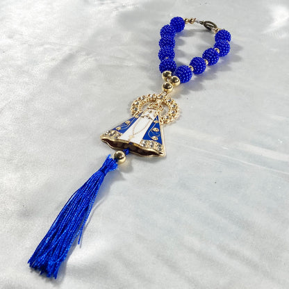 DEZENA PARA CARRO NOSSA SENHORA APARECIDA BRANCA AMORA AZUL 12MM MOD2 (3 UNIDADES)