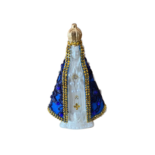 IMAGEM DE GESSO NOSSA SENHORA APARECIDA BRANCA DECOUPAGE AZUL 15CM (1 UNIDADE)