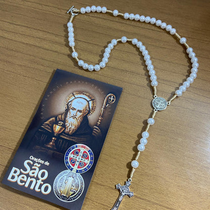 TERÇO PÉROLA MEDALHA SÃO BENTO 08MM  ( 1 UNIDADES)