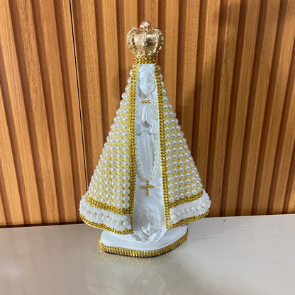 IMAGEM DE GESSO NOSSA SENHORA APARECIDA BRANCA PÉROLA COM STRASS 26,5CM (1 UNIDADE)