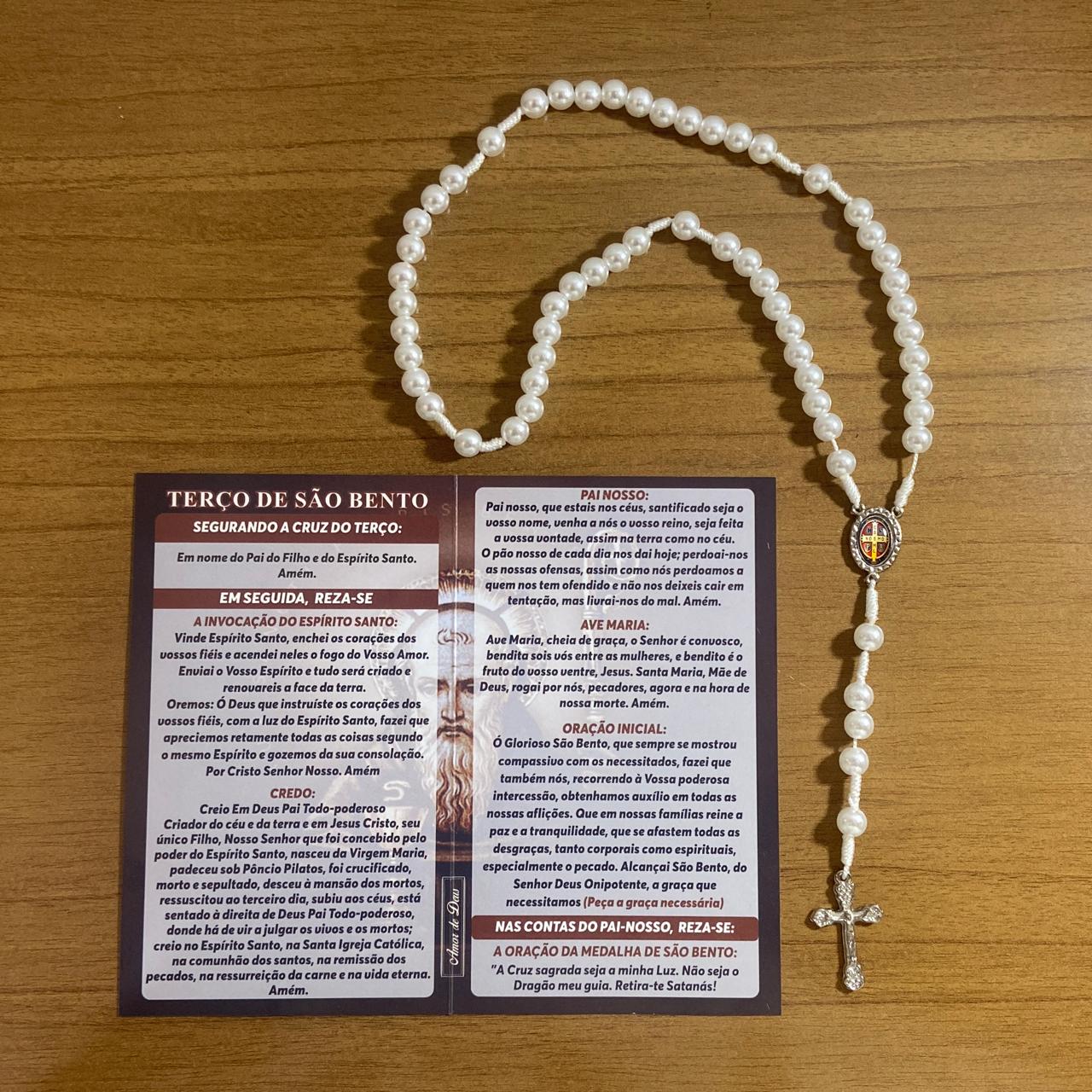 TERÇO PÉROLA MEDALHA SÃO BENTO 8MM (1 UNIDADE)