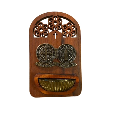 PORTA ÁGUA BENTA DE MADEIRA MEDALHA SÃO BENTO 16CM (1 UNIDADE)