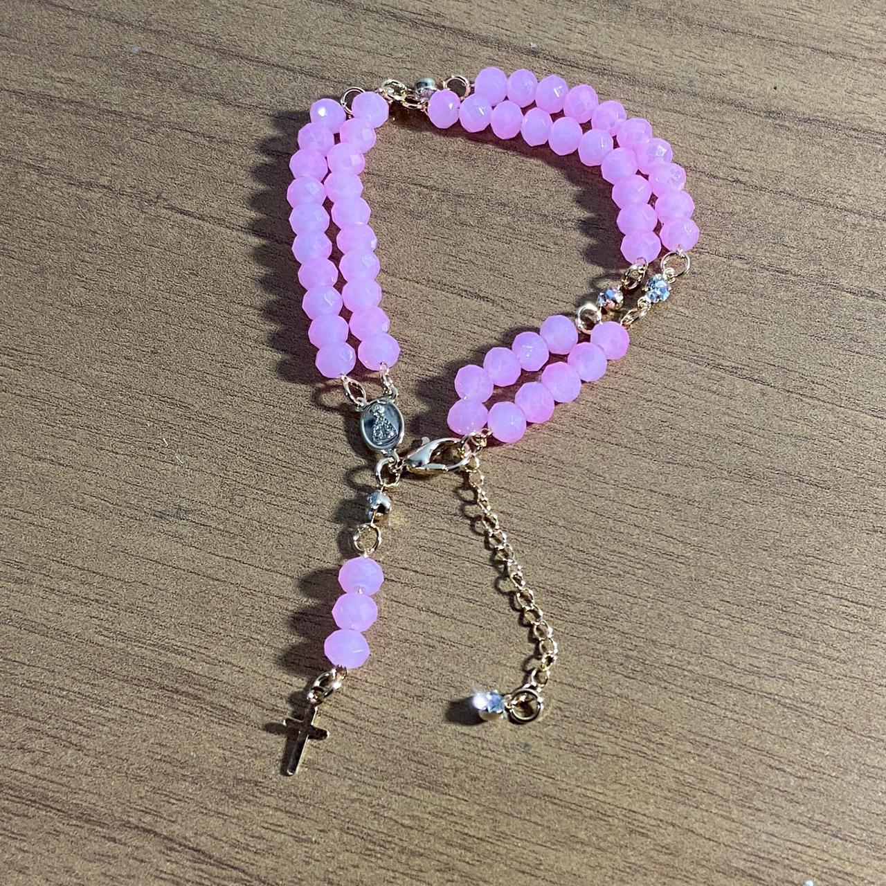 TERÇO PULSEIRA CRISTAL ROSA  (3 UNIDADES)