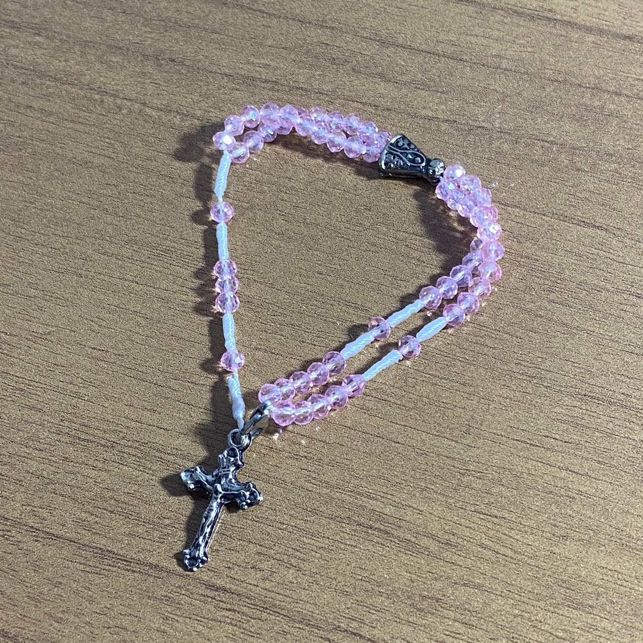 TERÇO PULSEIRA CRISTAL NOSSA SENHORA APARECIDA ROSA TRANSPARENTE  (3 UNIDADES)