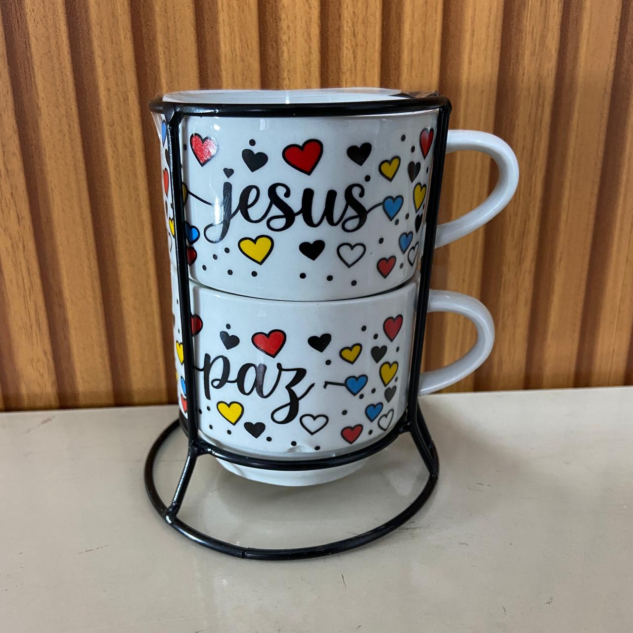 XÍCARA BRANCA EMPILHÁVEL JESUS E PAZ  ( 2 UNIDADES)