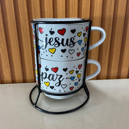 XÍCARA BRANCA EMPILHÁVEL JESUS E PAZ  ( 2 UNIDADES)