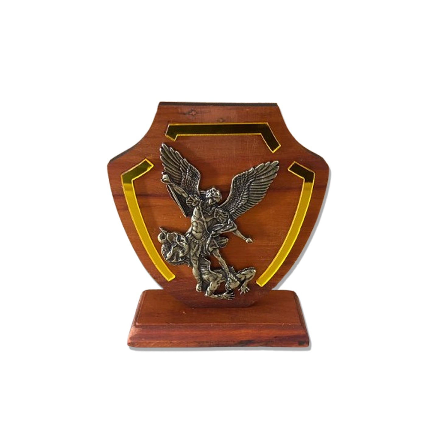 ADORNO DE MESA MADEIRA ESCUDO SÃO MIGUEL ARCANJO  METAL OURO VELHO 15,7CM (1 UNIDADE)