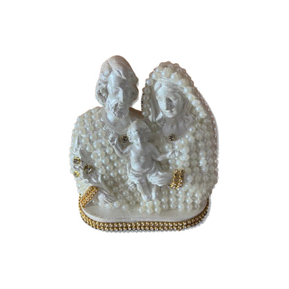 BUSTO DE GESSO SAGRADA FAMÍLIA BRANCO COM PÉROLA E STRASS DOURADO 13CM (1 UNIDADE)