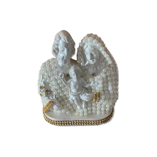 BUSTO DE GESSO SAGRADA FAMÍLIA BRANCO COM PÉROLA E STRASS DOURADO 13CM (1 UNIDADE)